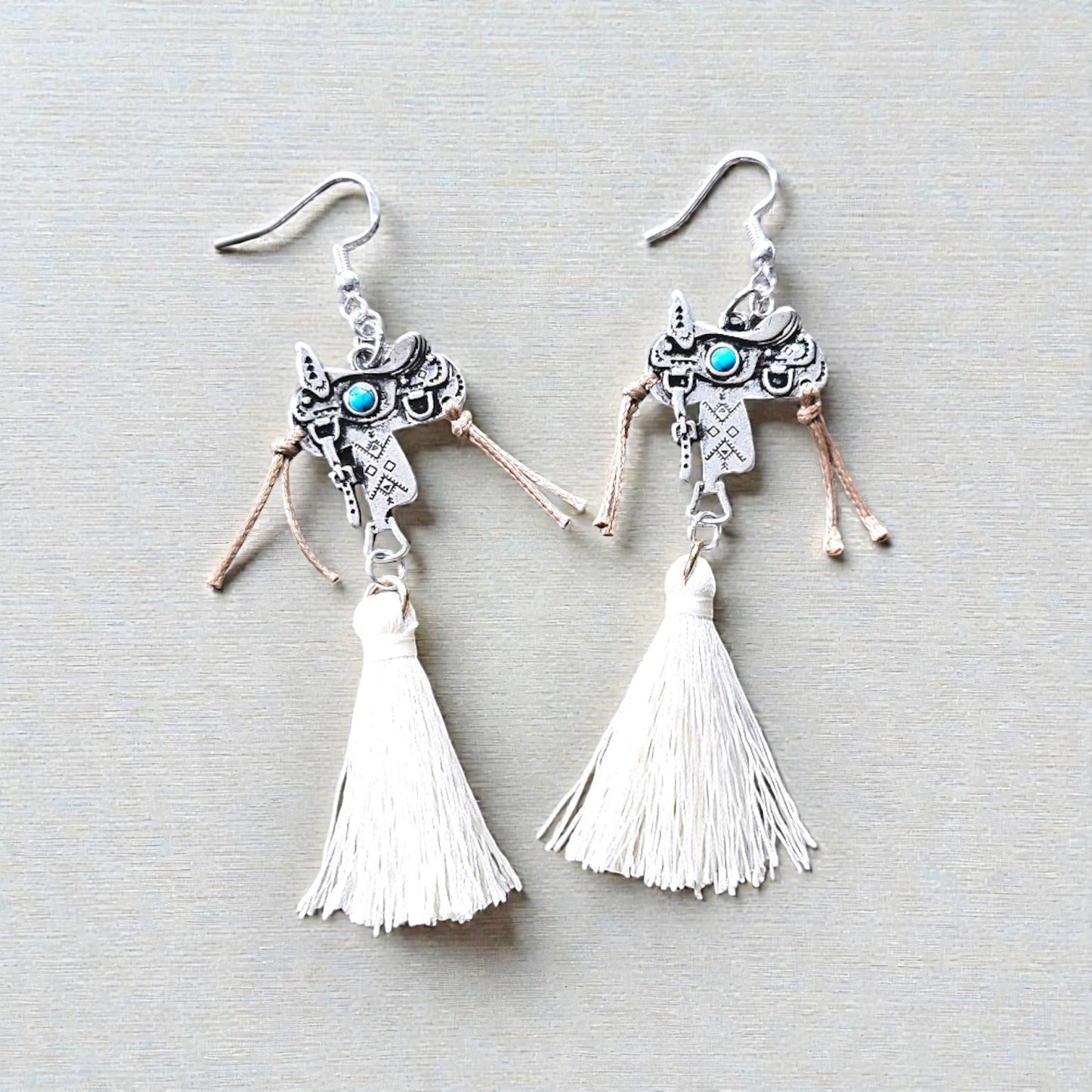 Detailed Silver Saddle with Leather Straps and Off White Upcycled Tassels Dangle Earrings