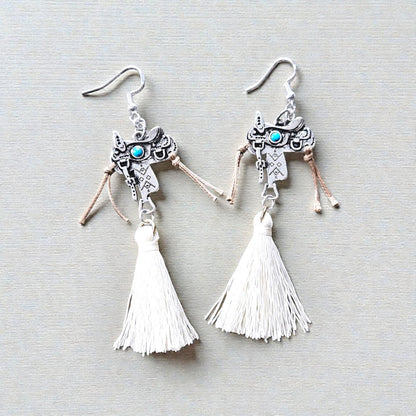 Detailed Silver Saddle with Leather Straps and Off White Upcycled Tassels Dangle Earrings