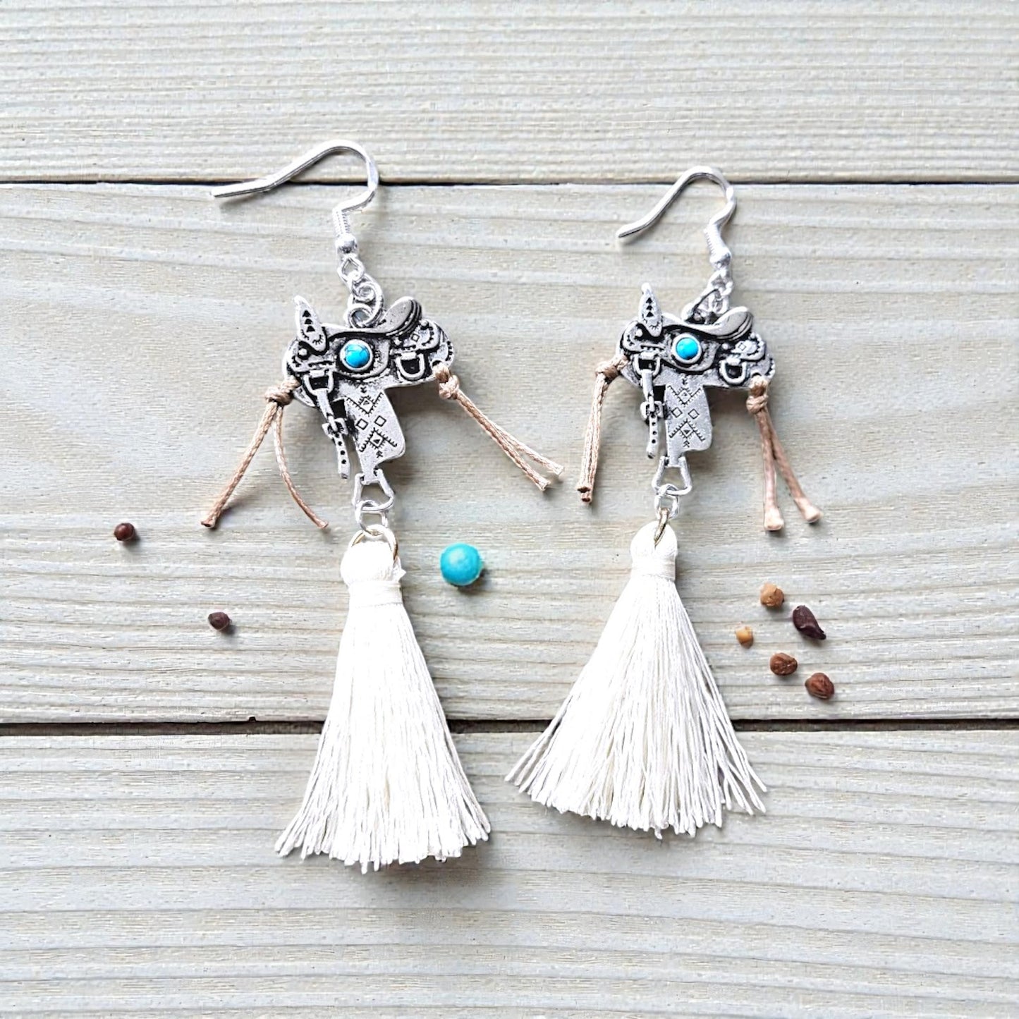 Detailed Silver Saddle with Leather Straps and Off White Upcycled Tassels Dangle Earrings