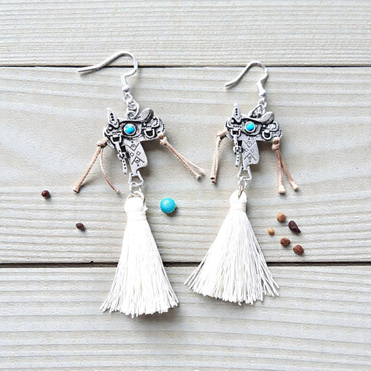 Detailed Silver Saddle with Leather Straps and Off White Upcycled Tassels Dangle Earrings