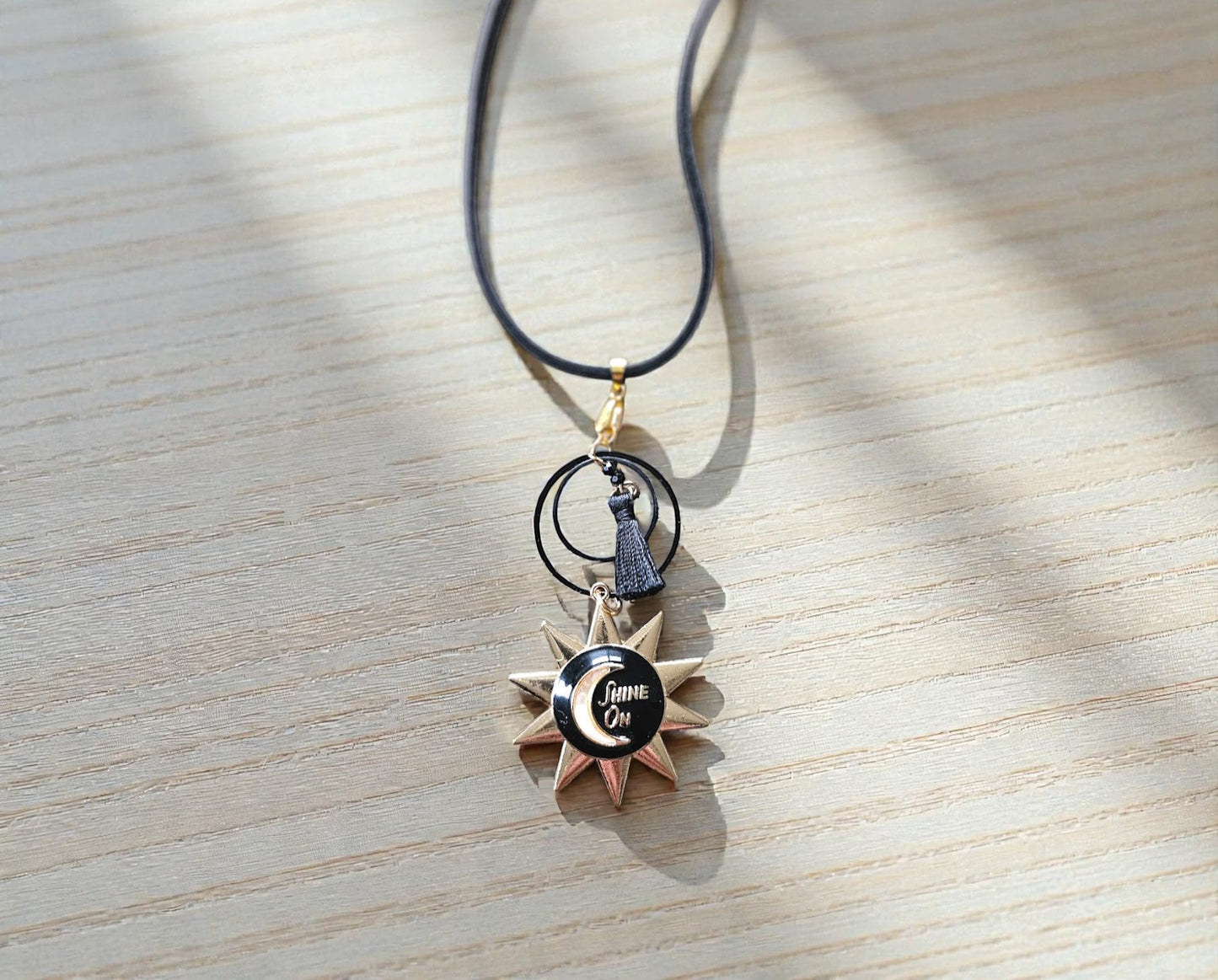 Upcycled Black and Gold Shine On Sun Pendant Necklace on Black Leather Choker