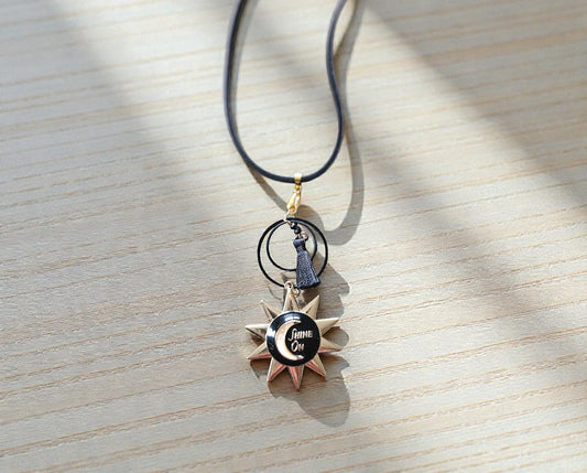 Upcycled Black and Gold Shine On Sun Pendant Necklace on Black Leather Choker