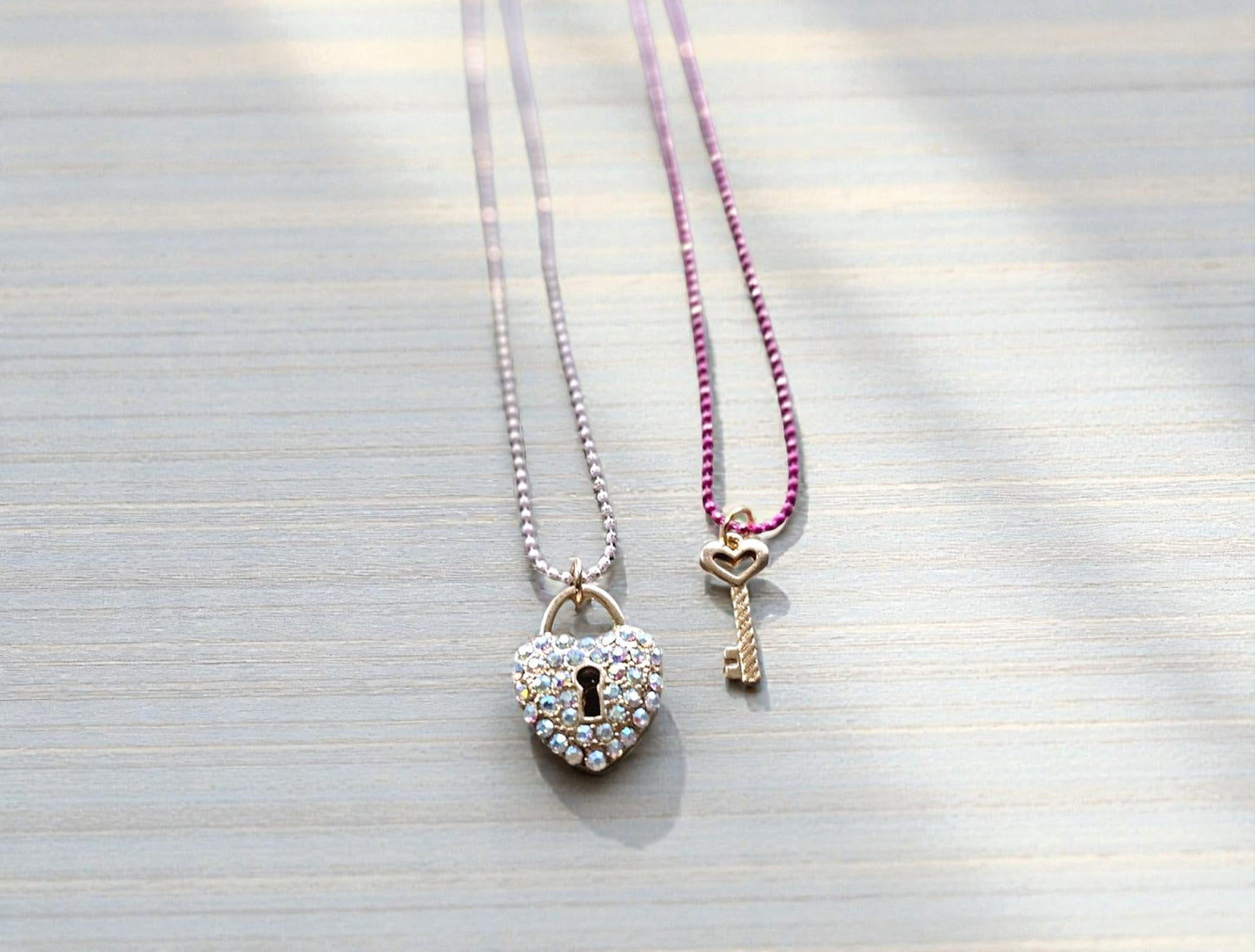 Pink and Baby Pink Rhinestone Lock and Key BFF Necklaces Matching Set