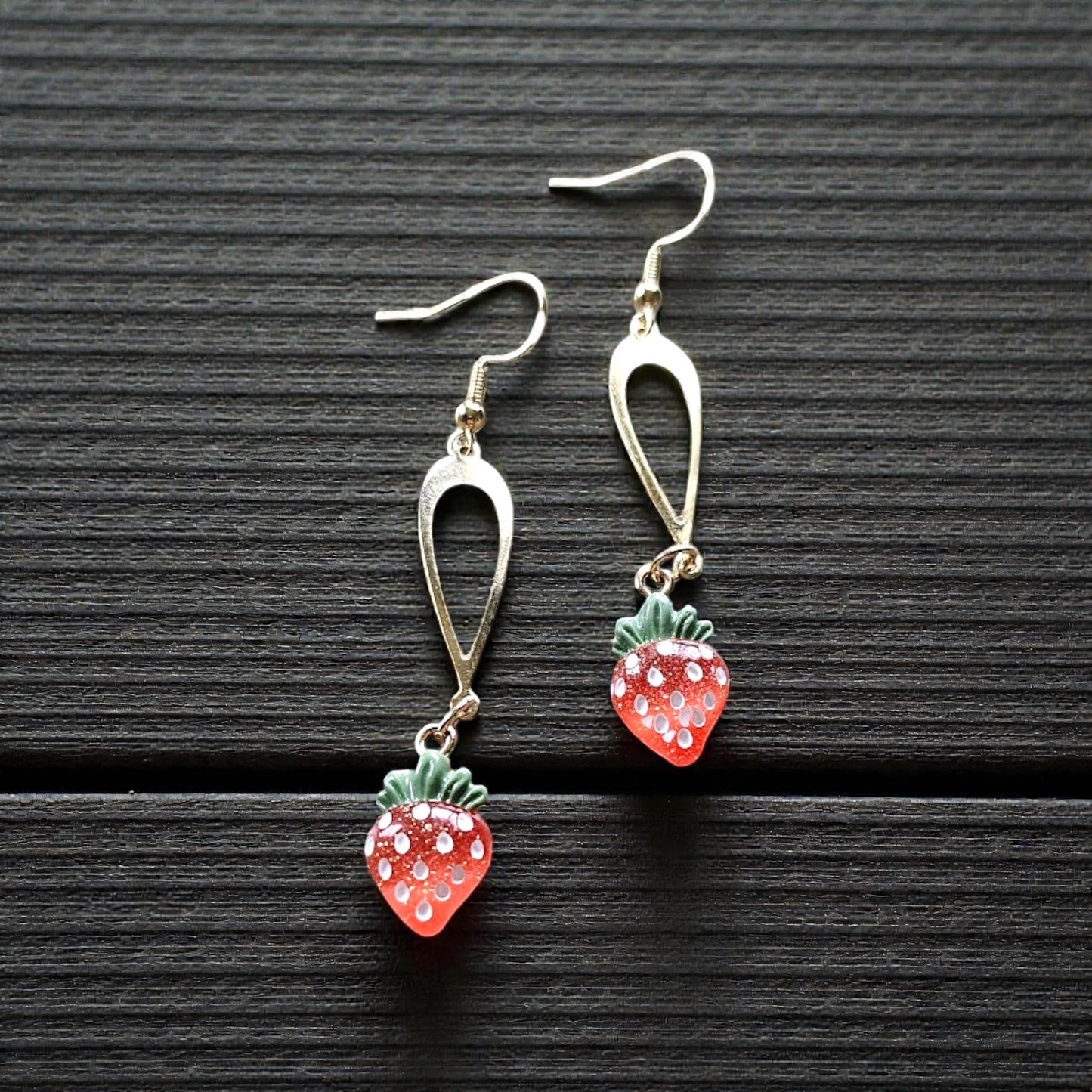 Resin Strawberries on Golden Teardrop Dangles Dangle Earrings