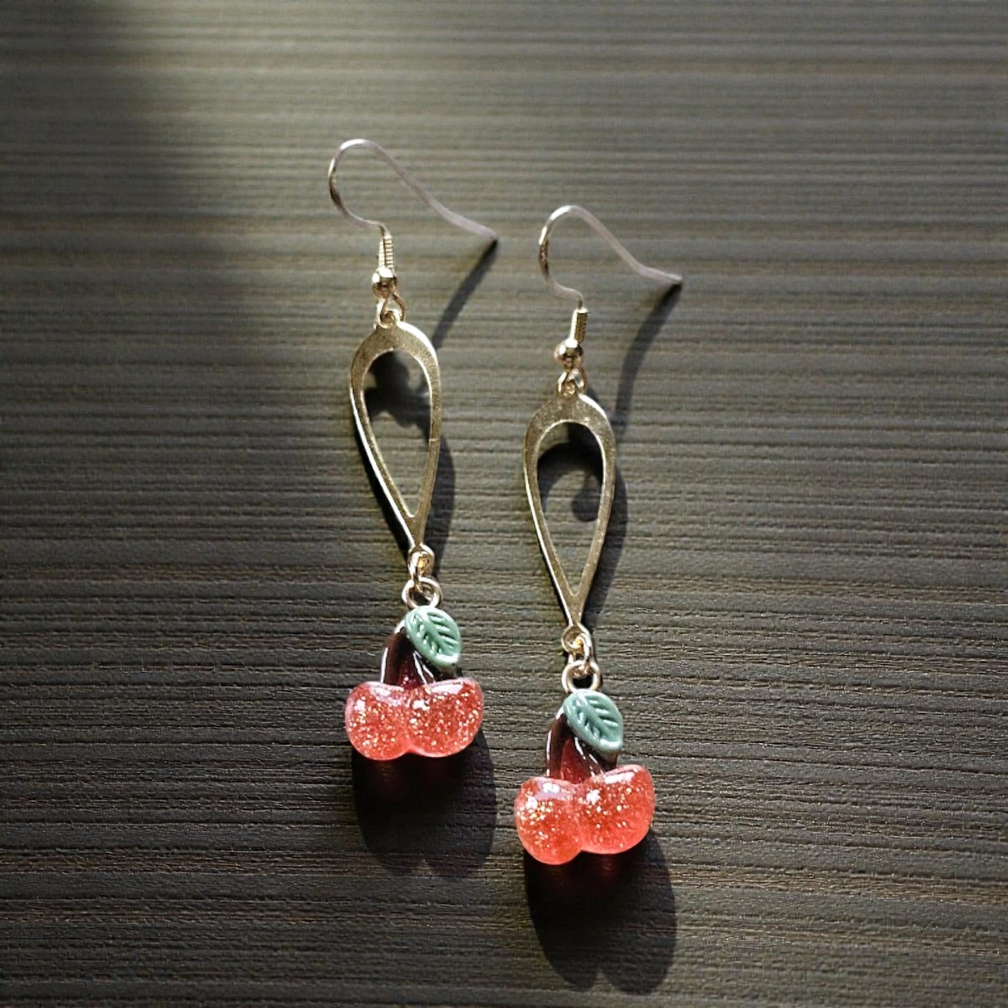 Resin Cherries on Golden Teardrop Dangles Dangle Earrings