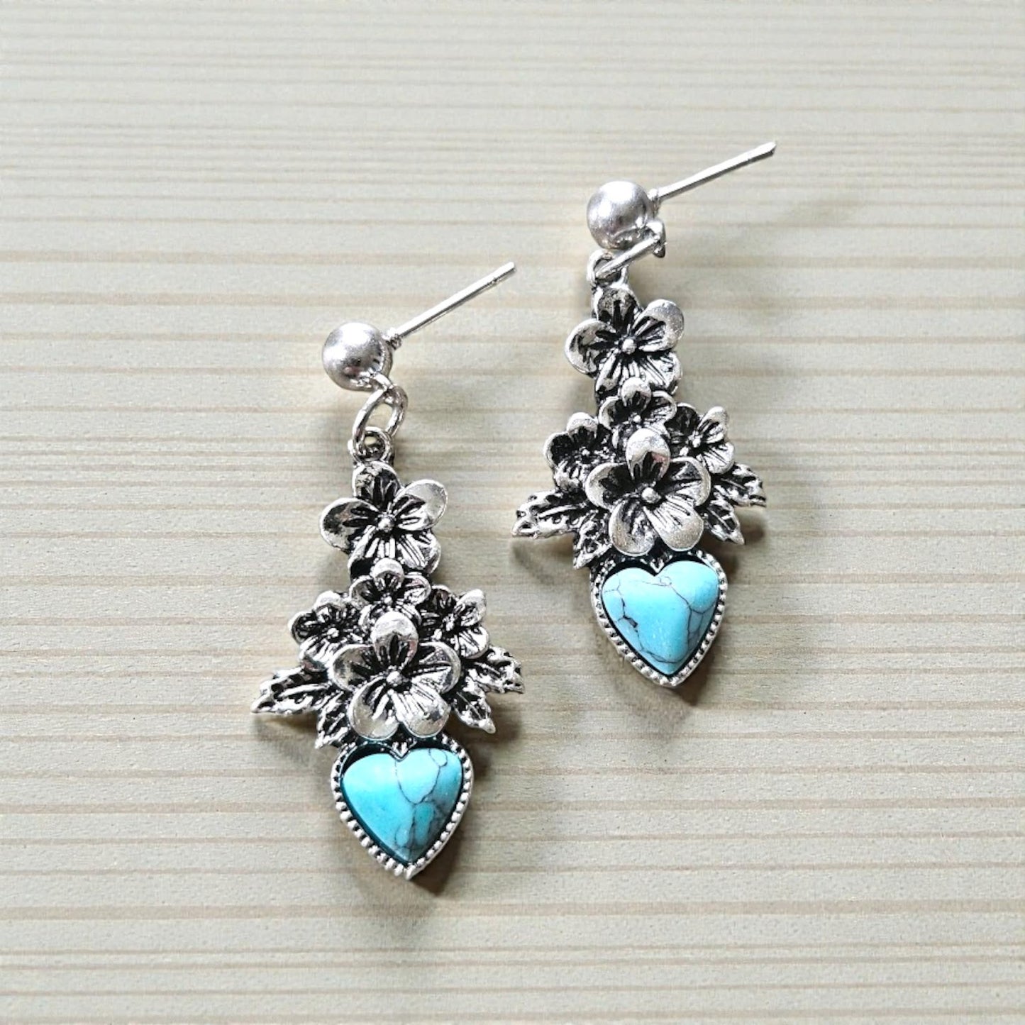 Silver and Teal Detailed Floral Hearts on Silver Stud Dangle Earrings