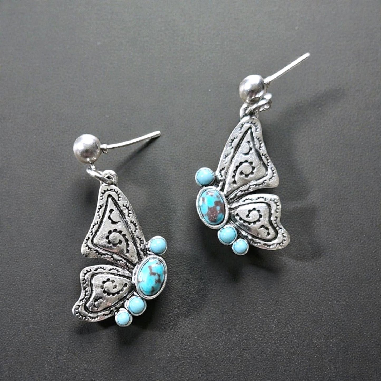 Silver and Teal Detailed Butterflies on Silver Stud Dangle Earrings