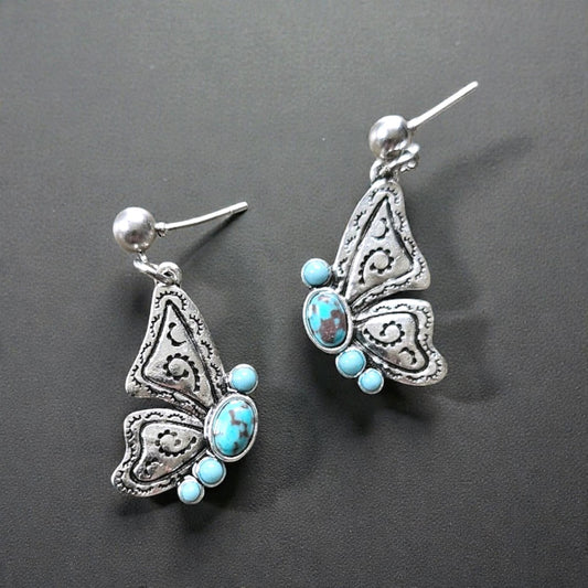 Silver and Teal Detailed Butterflies on Silver Stud Dangle Earrings