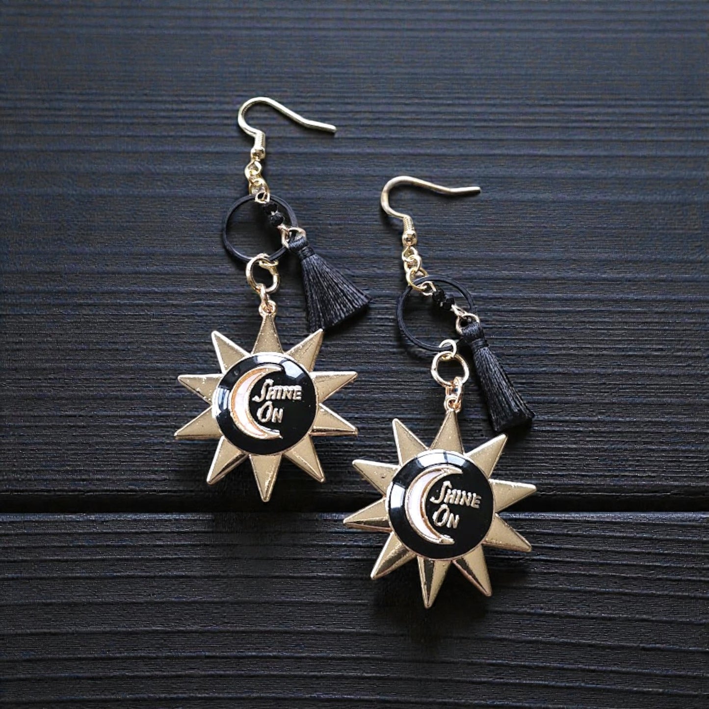 Upcycled Black and Gold Shine On Sun Pendant Long Dangle Earrings