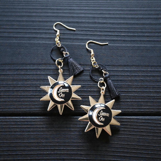 Upcycled Black and Gold Shine On Sun Pendant Long Dangle Earrings