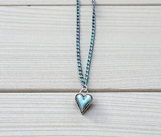 Teal and Silver Heart Pendant on Teal Copper Chain Necklace