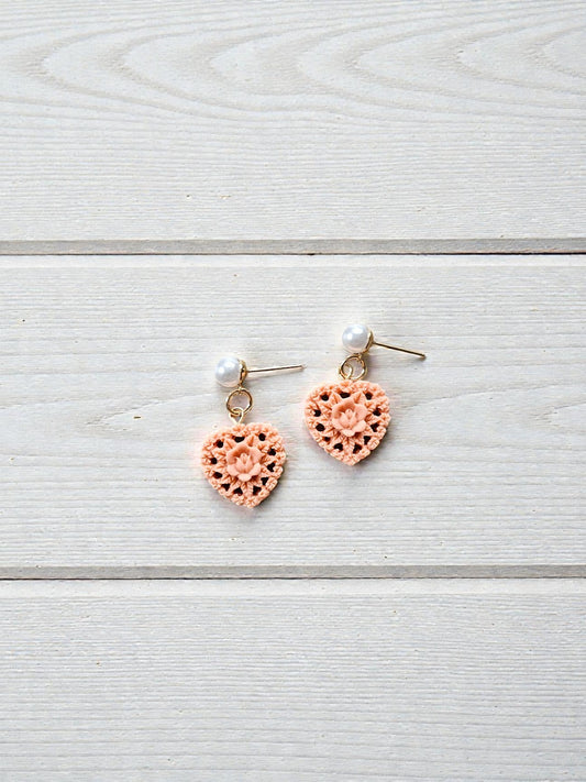 Pink Lacey Resin Hearts on Pearly Golden Stud Dangle Earrings