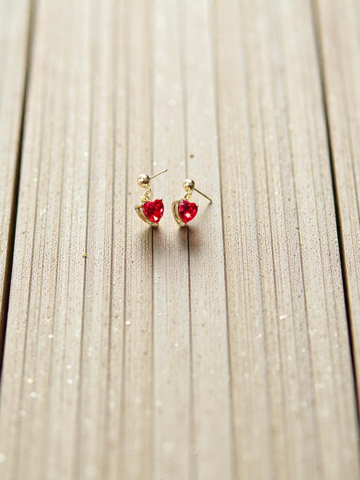 Red Heart Jewels on Golden Stud Dangle Earrings
