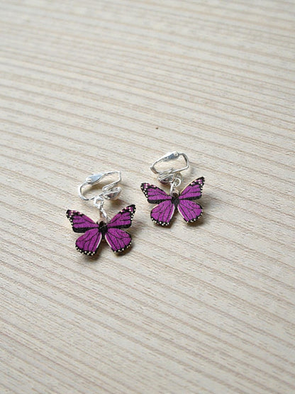 Wooden Butterfly Clip on Dangle Earrings on Silver Clips