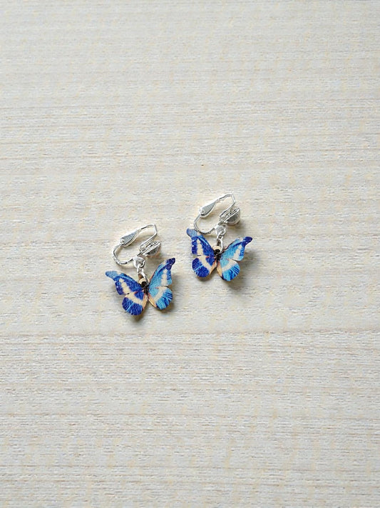 Blue Wooden Butterfly Clip on Dangle Earrings on Silver Clips