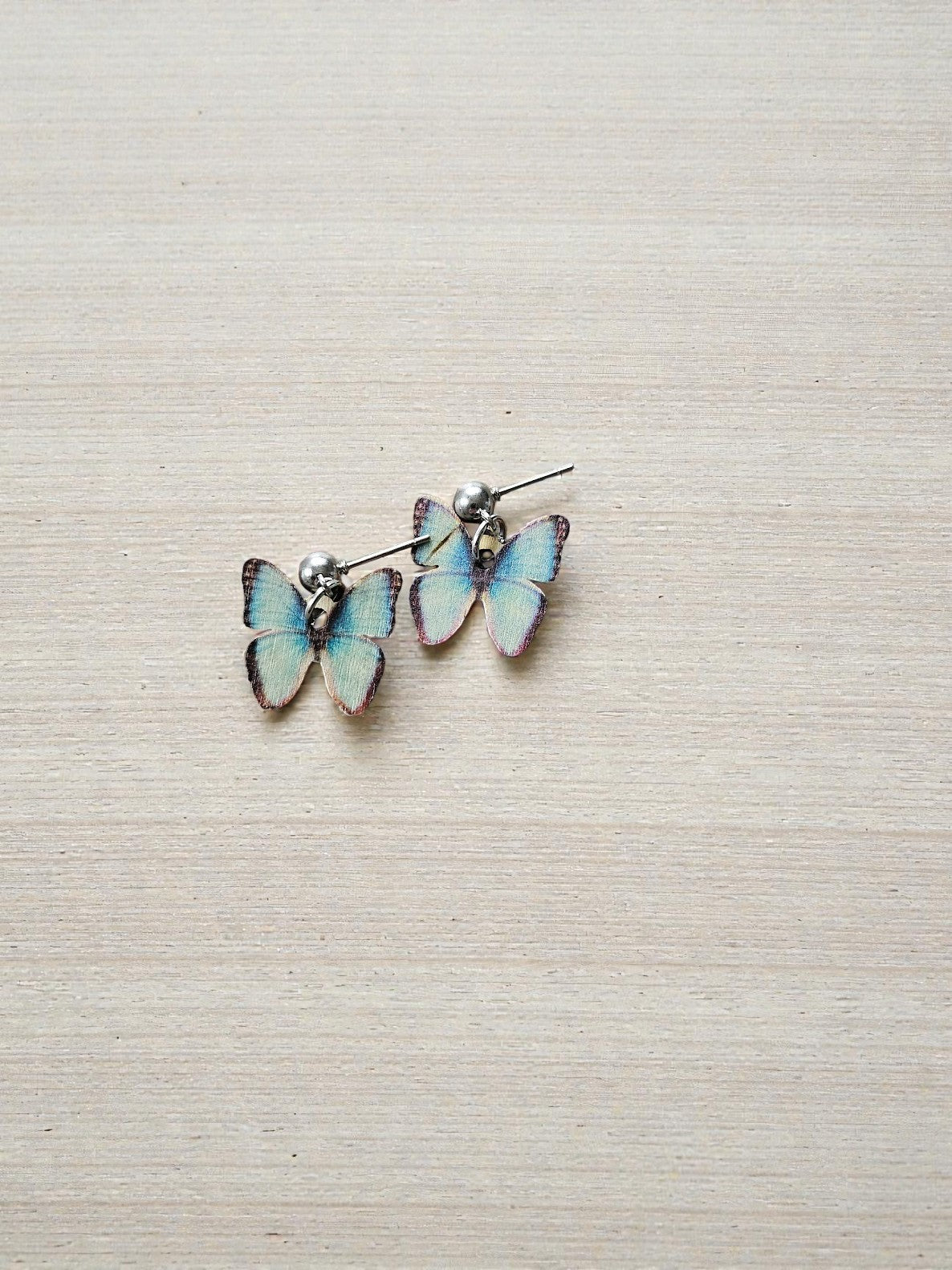 Blue Wooden Butterflies on Silver Stud Dangle Earrings