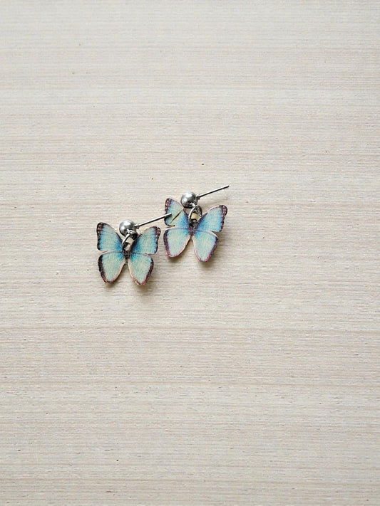 Blue Wooden Butterflies on Silver Stud Dangle Earrings