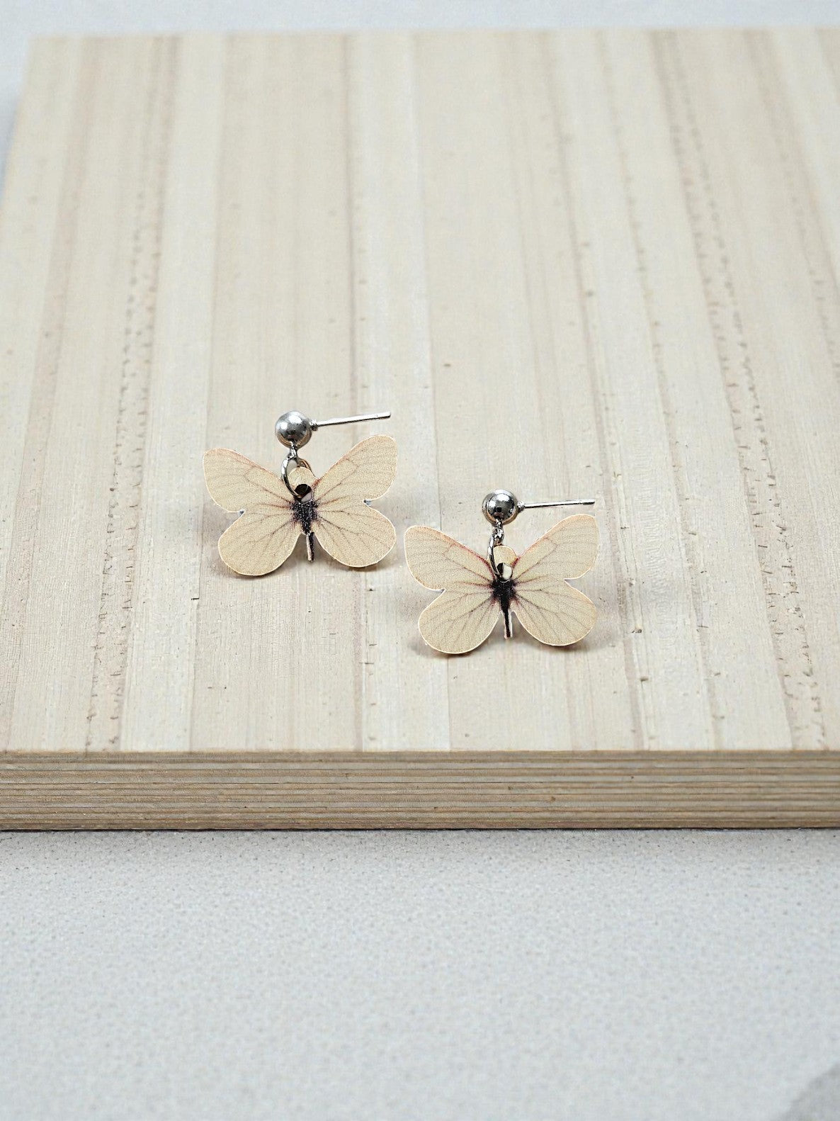 Wooden Butterflies on Silver Stud Dangle Earrings