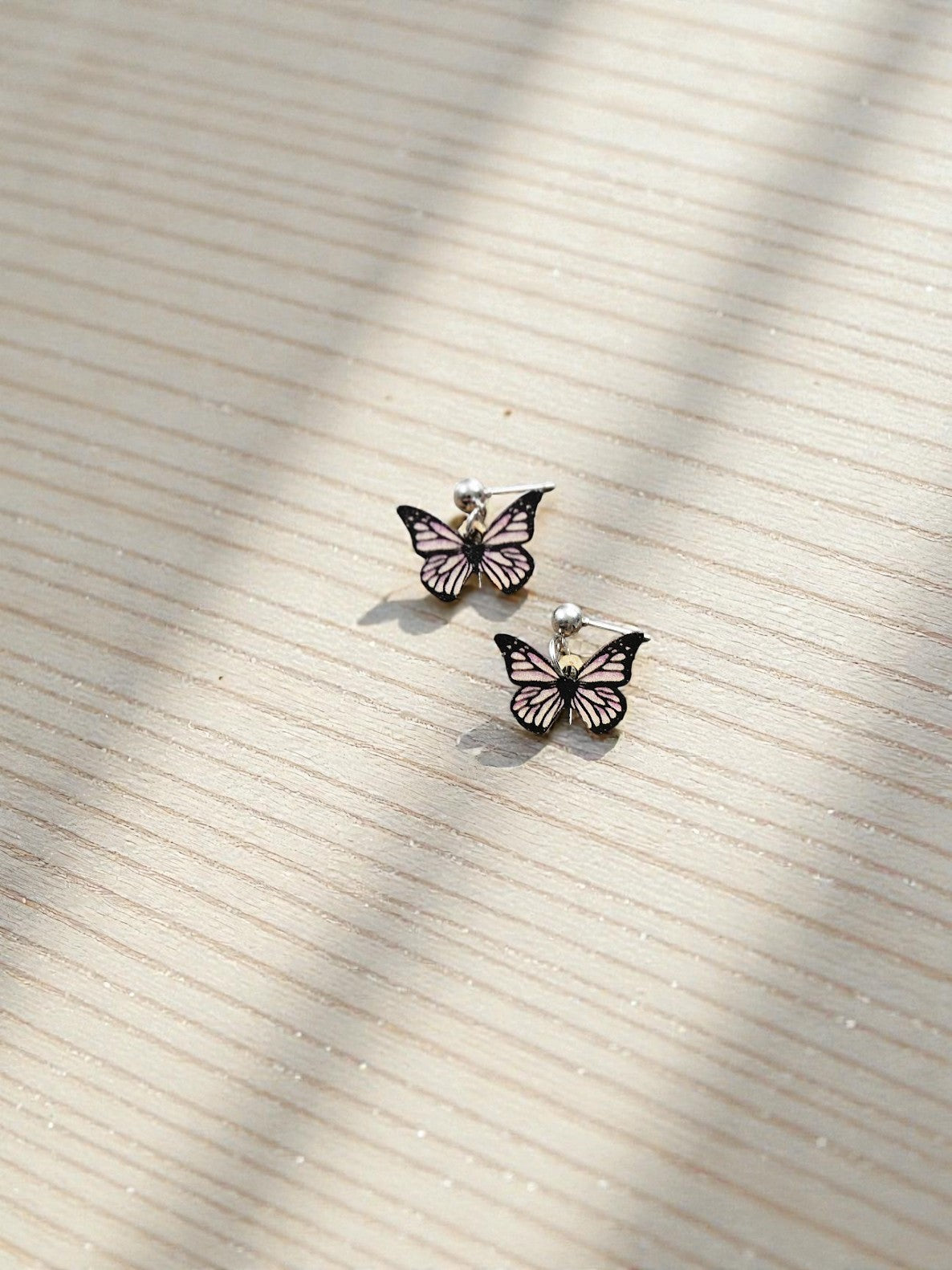 Black and Lilac Wooden Butterflies on Silver Stud Dangle Earrings