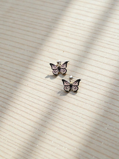 Black and Lilac Wooden Butterflies on Silver Stud Dangle Earrings
