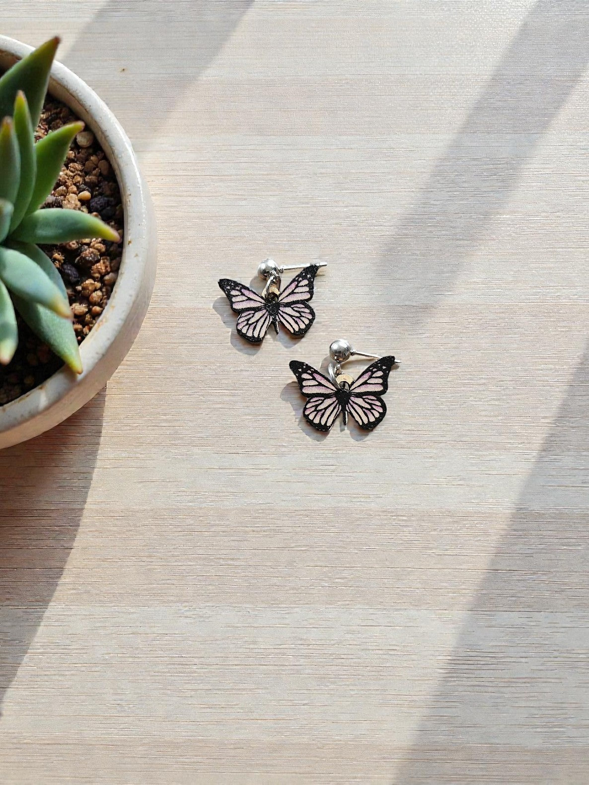 Black and Lilac Wooden Butterflies on Silver Stud Dangle Earrings