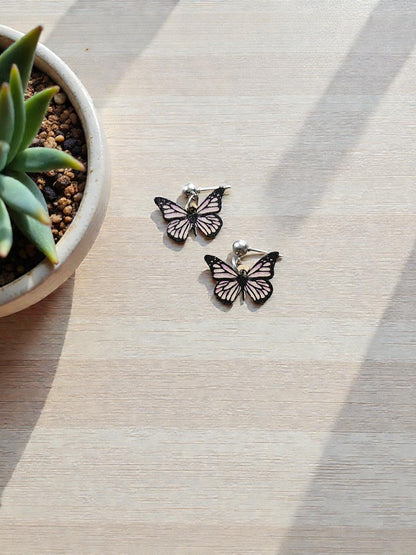 Black and Lilac Wooden Butterflies on Silver Stud Dangle Earrings