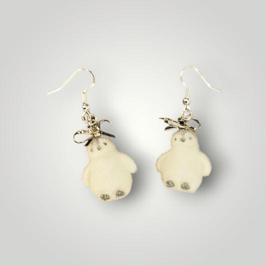 Fuzzy Baby Penguins with Holiday Silver Bows Dangle Earrings