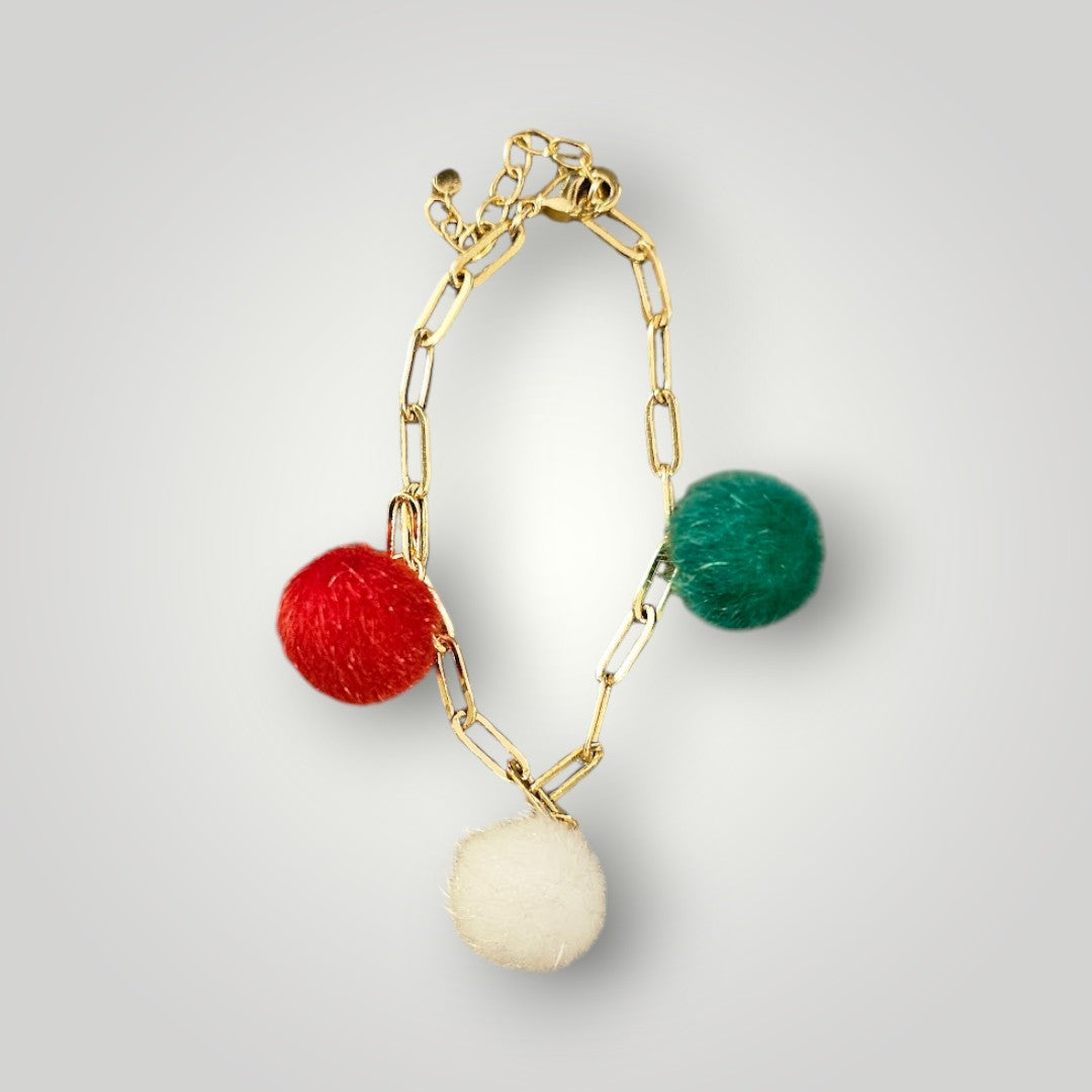 Red White and Green Christmas Puff Ball Charm Bracelet on Gold