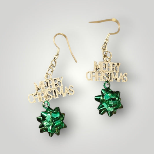 Silver Merry Christmas Dangle Earrings with Green Metal Bow Dangle