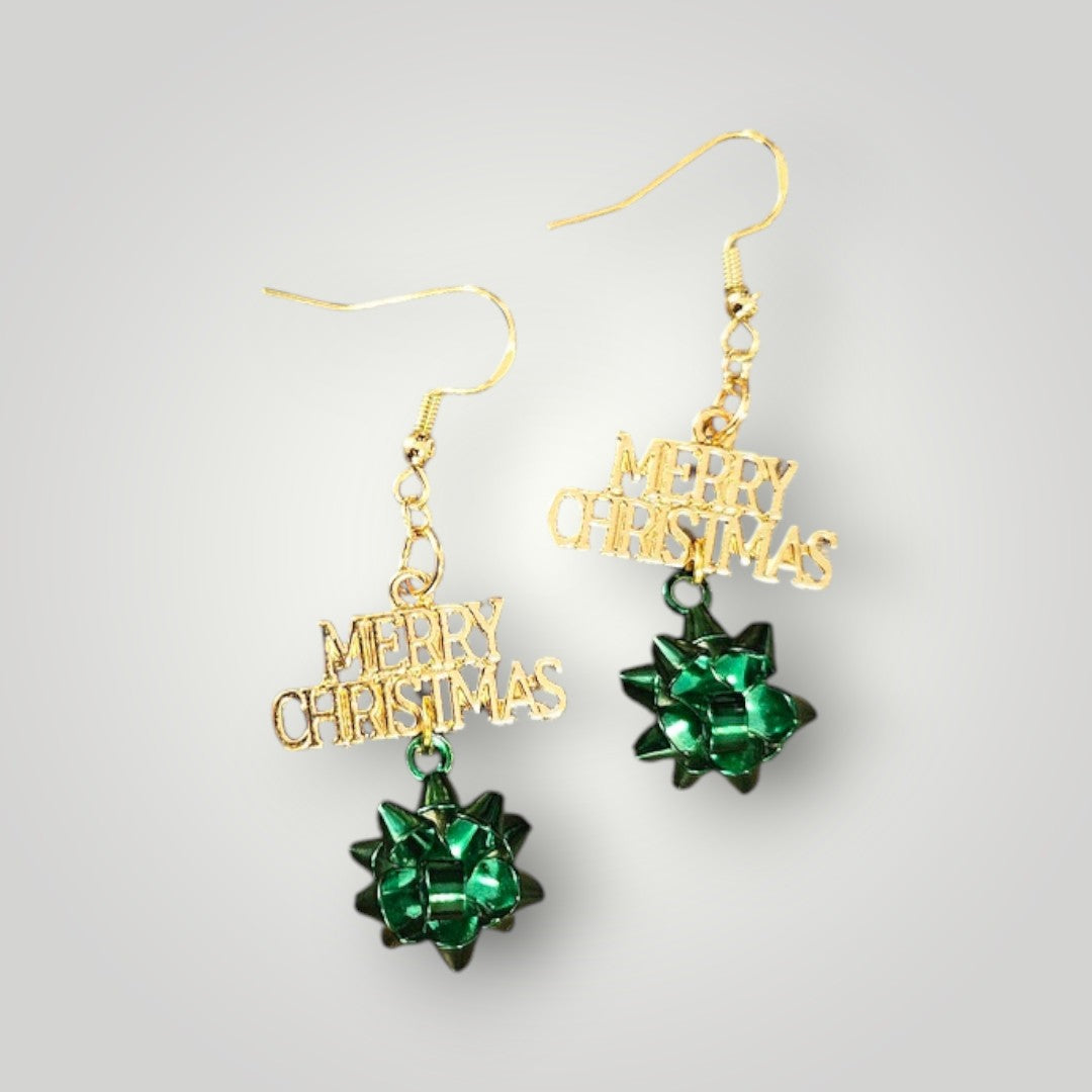 Gold Merry Christmas Dangle Earrings with Green Metal Bow Dangle