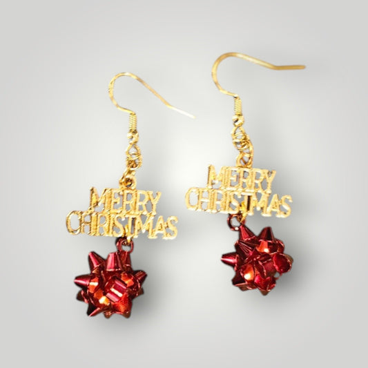 Gold Merry Christmas Dangle Earrings with Red Metal Bow Dangle