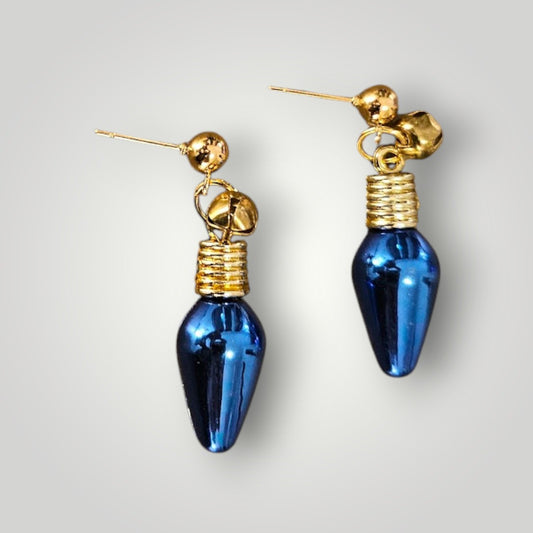 Blue Christmas Lights with Jingle Bells Stud Dangle Earrings