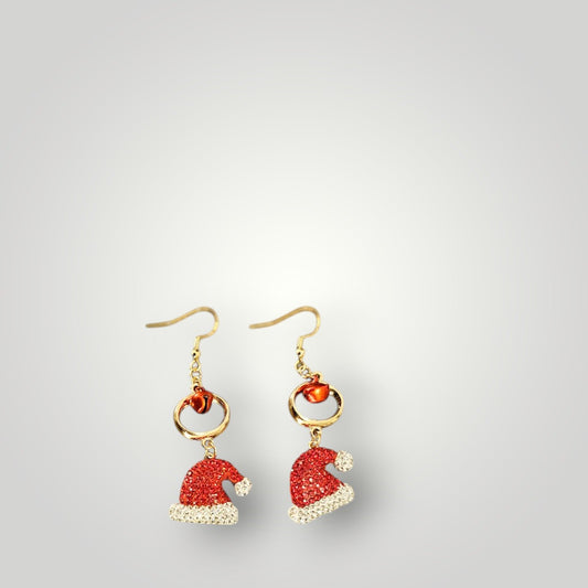 Blinged Out Santa Hat on Gold with Red Jingle Bells Dangle Earrings