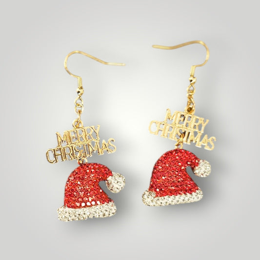 Blinged Out Santa Hat on Gold Merry Christmas Charm Dangle Earrings