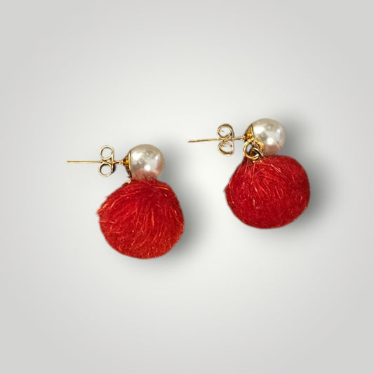 Red Puff Balls on Pearl and Gold Stud Earrings
