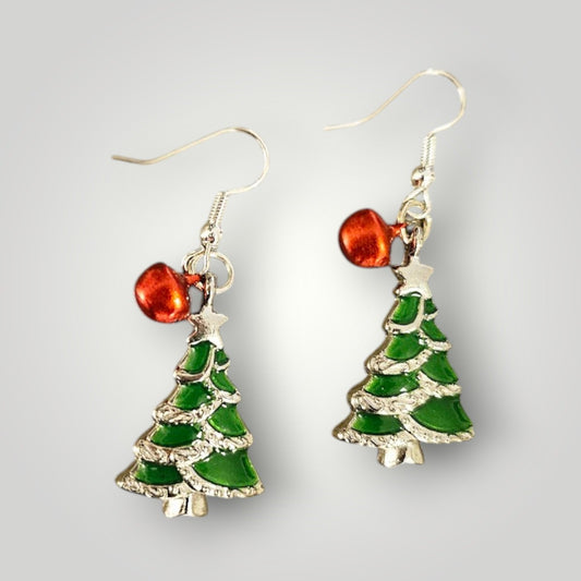 Silver and Green Christmas Tree with Red Jingle Bell Accents Dangle Earrings