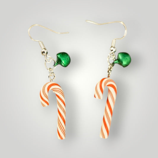Red and White Striped Candy Canes with Green Jingle Bell Accent Dangle Earrings