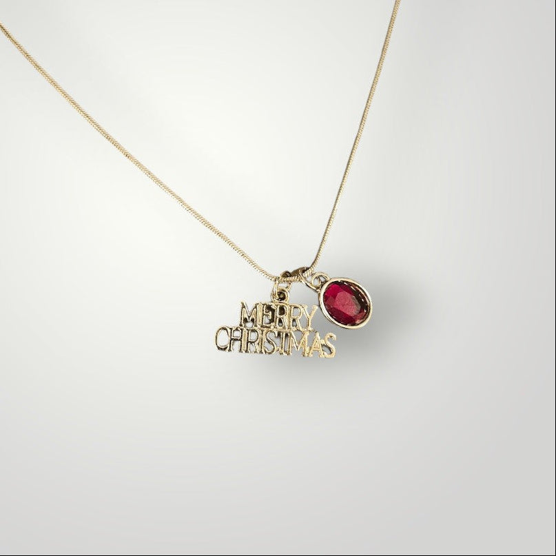 Silver Merry Christmas Necklace with Burgundy Jewel Charm