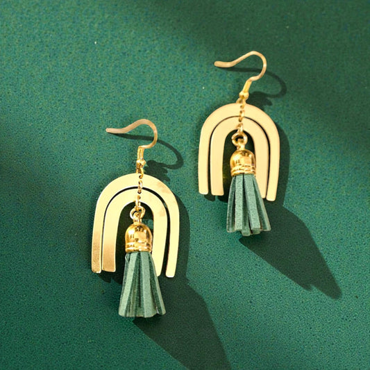 Green Tassel on Gold Abstract Rainbows Upcycled Dangle Earrings
