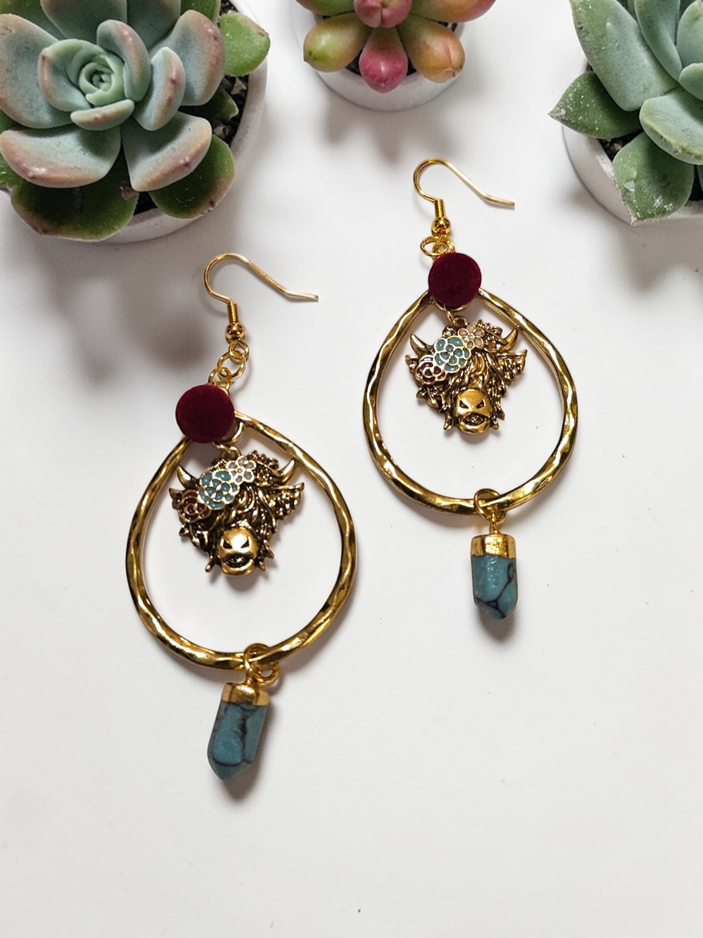 Upcycled Golden Teardrop Flowery Cow Earrings with Turquoise Points