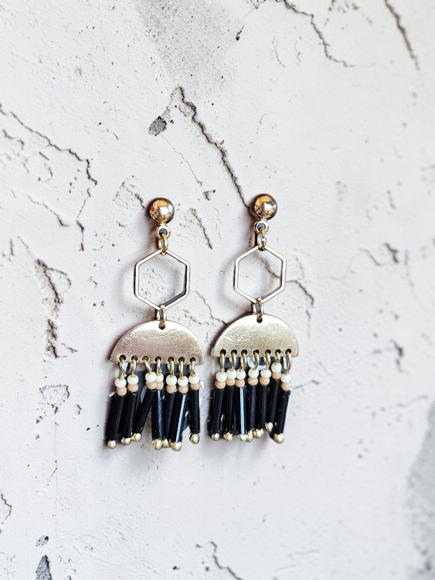Upcycled Boho Black Bead Tassel Earrings on Golden Geometric Studs