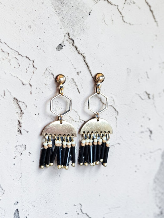 Upcycled Boho Black Bead Tassel Earrings on Golden Geometric Studs