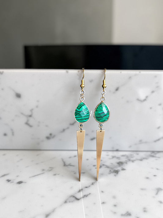 Gemstone Teardrops with Long Golden Point Dangle Earrings