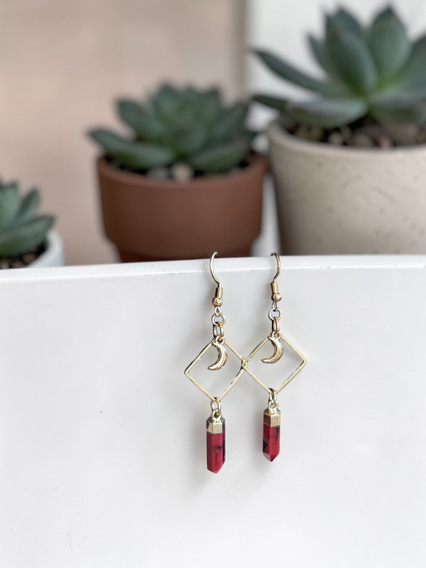 Red Jasper Points on Geometric Gold Dangle Earrings with Moons