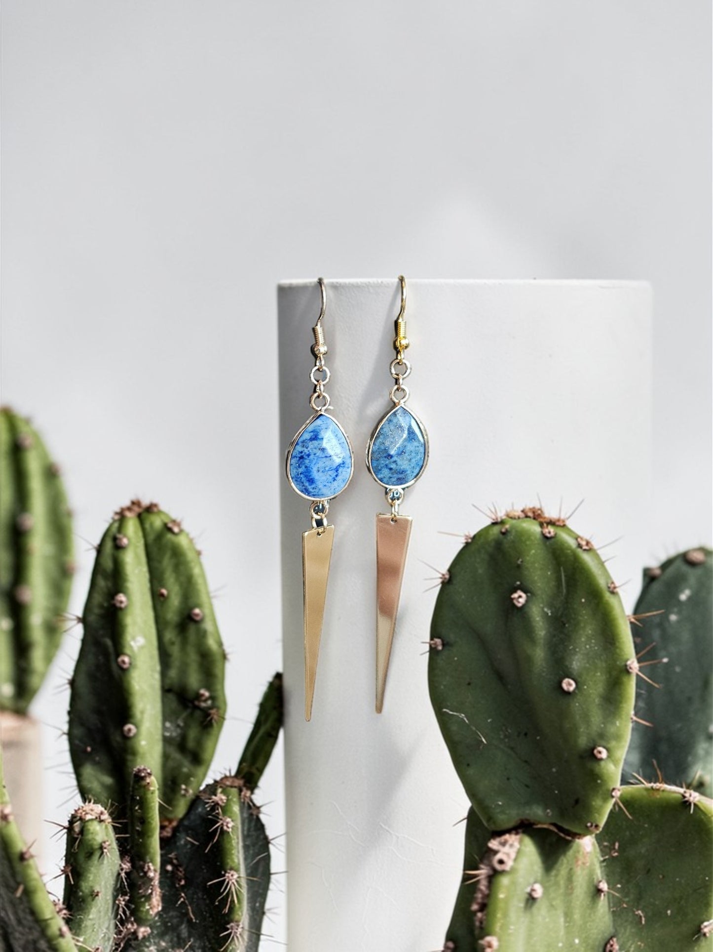 Gemstone Teardrops with Long Golden Point Dangle Earrings