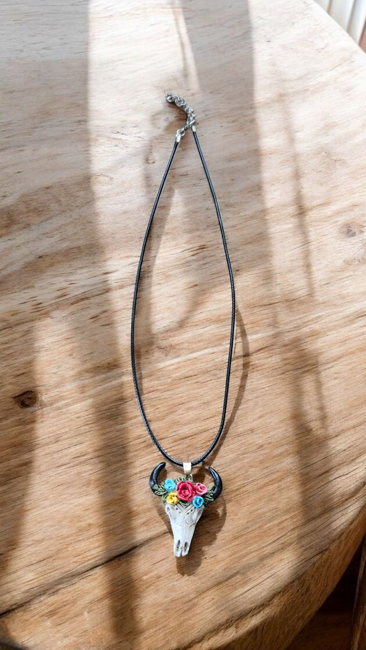 White Bull Skull with Flower Crown on 16" Black Leather Necklace