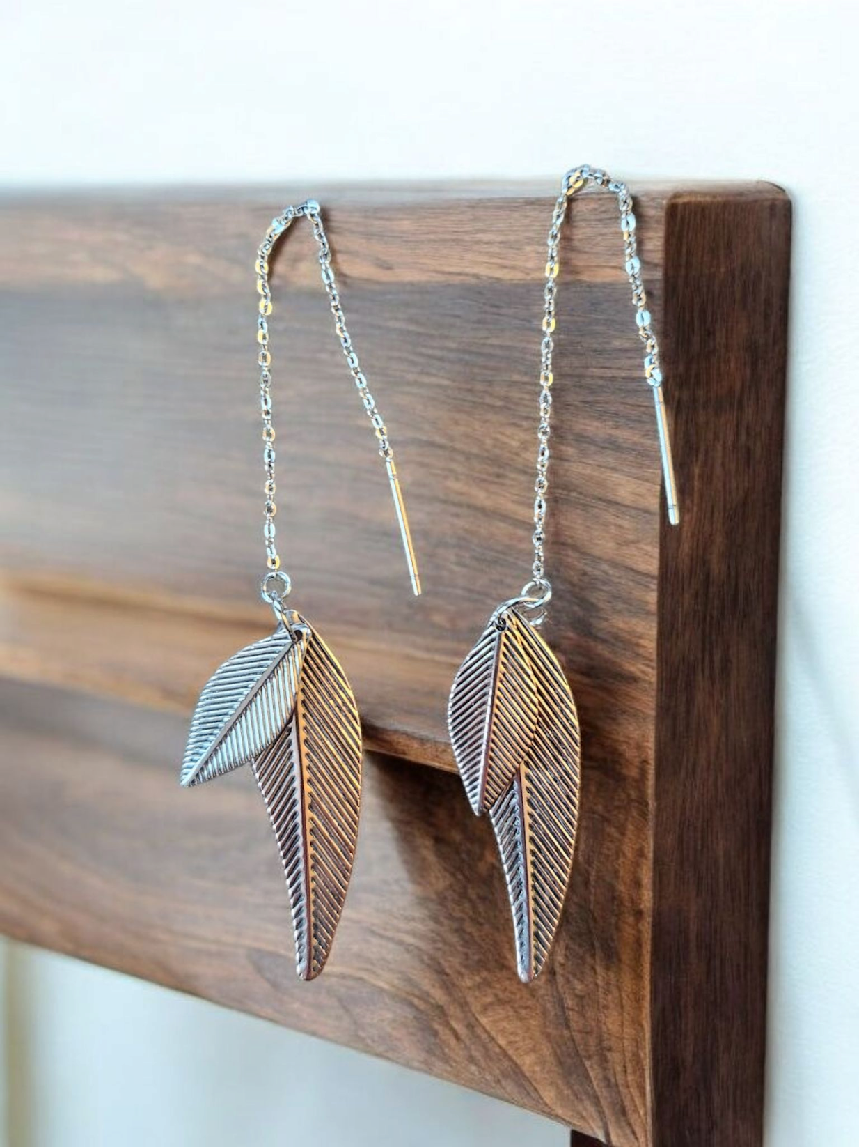 Upcycled Silver Feather Threaded Earrings