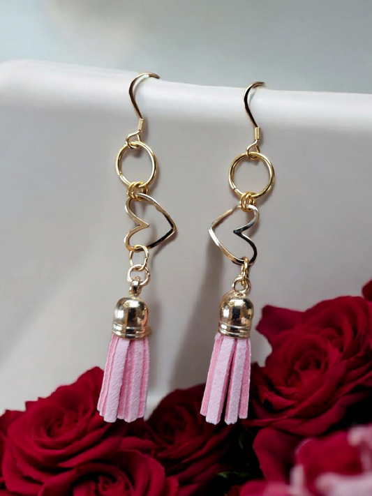 Pink Tassle and Heart Dangle Earrings