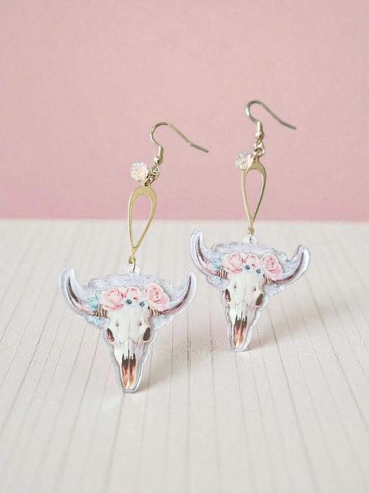 Sparkling Resin Rosy Bull Skull Earrings on Golden Teardrop with Pink Rose Accent Charms Dangle Earrings