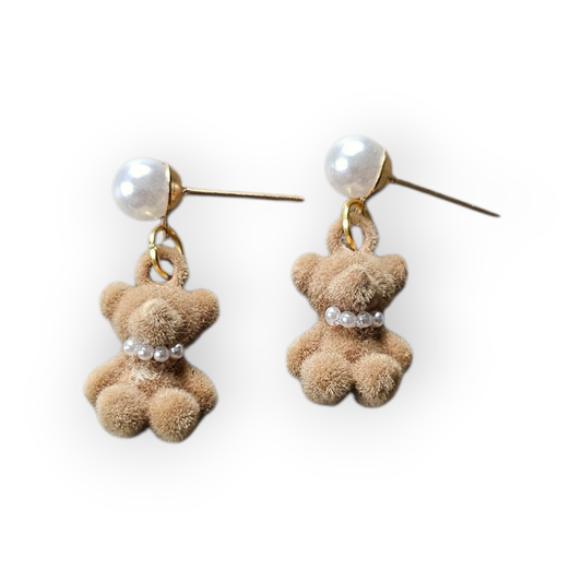 Brown Fuzzy Teddy Bears with Pearl Necklaces on Pearl and Gold Stud Earrings